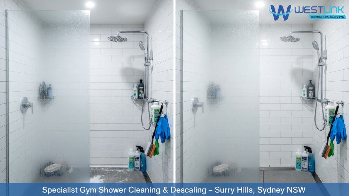 Split-view before-and-after of expert gym shower cleaning and descaling in Surry Hills, Sydney, NSW, Australia, achieving hygienic, scale-free surfaces in a commercial gym.