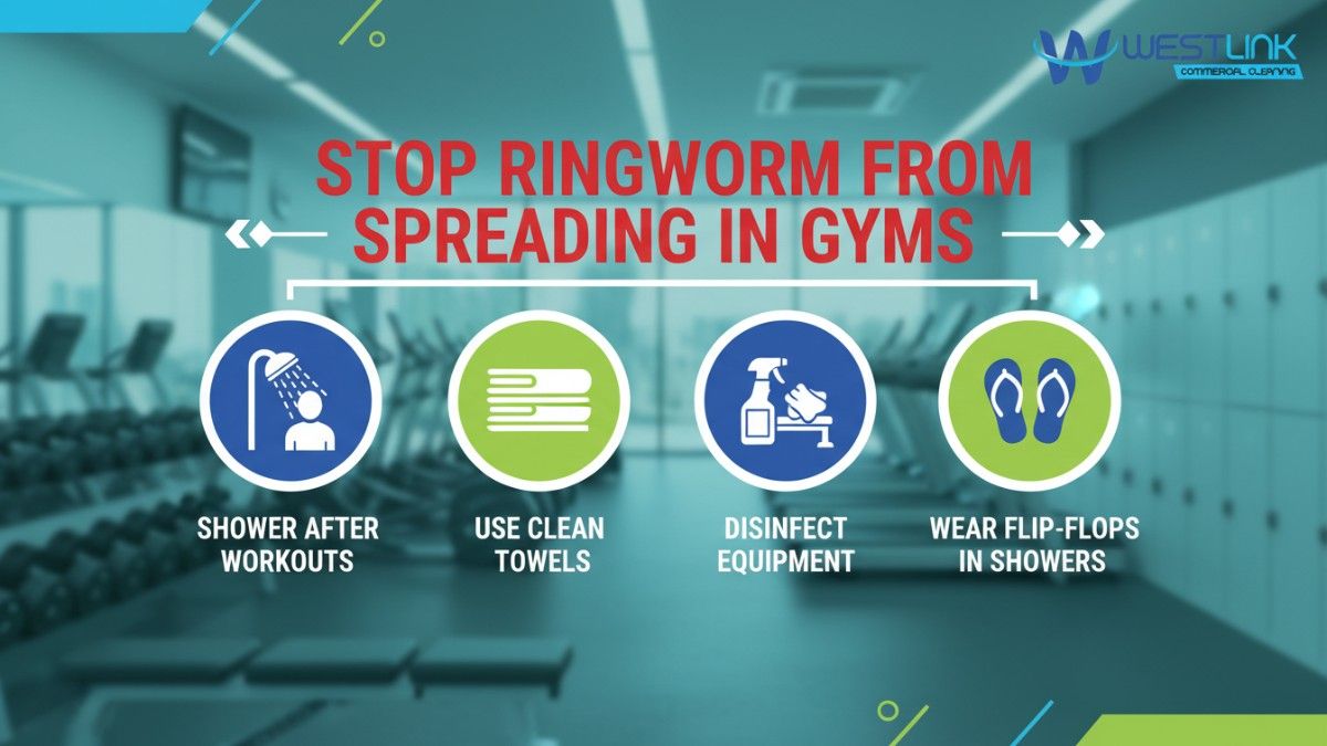 Infographic poster on stopping ringworm spread in gyms, with hygiene tips, bold title.