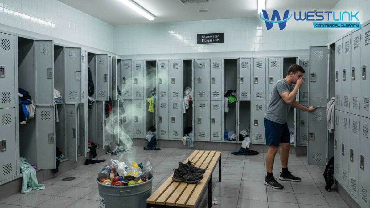 Realistic smartphone photo of a cluttered gym locker room in Silverwater, Sydney, showing sweaty clothes, dirty shoes with green odor vapors, overflowing bin, and a man holding his nose in disgust.