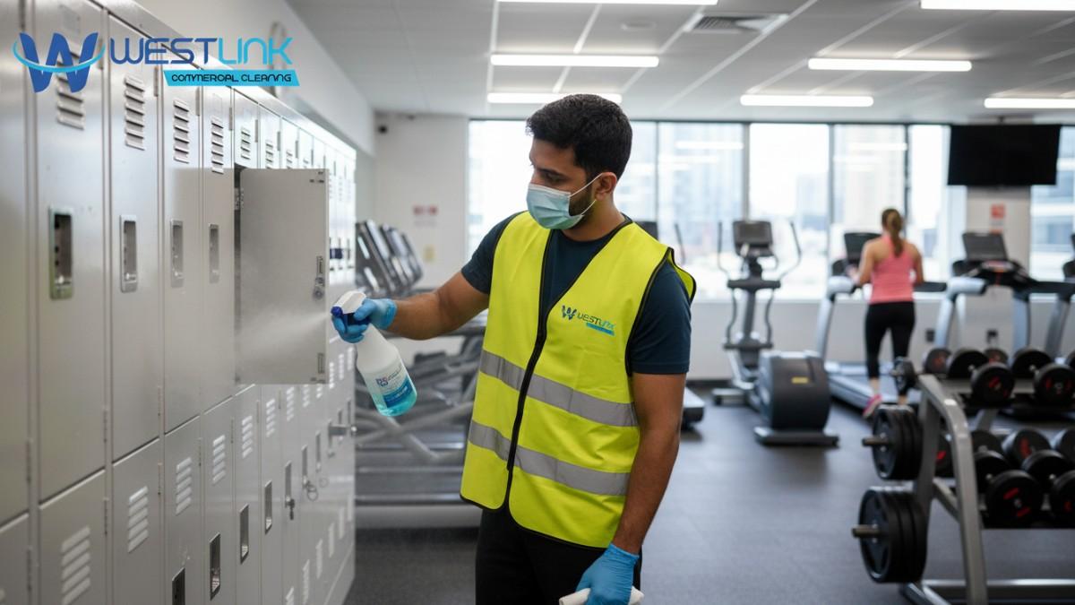 A cleaner disinfecting commercial gym lockers in a Sydney CBD fitness center by Westlink Commercial Cleaner.