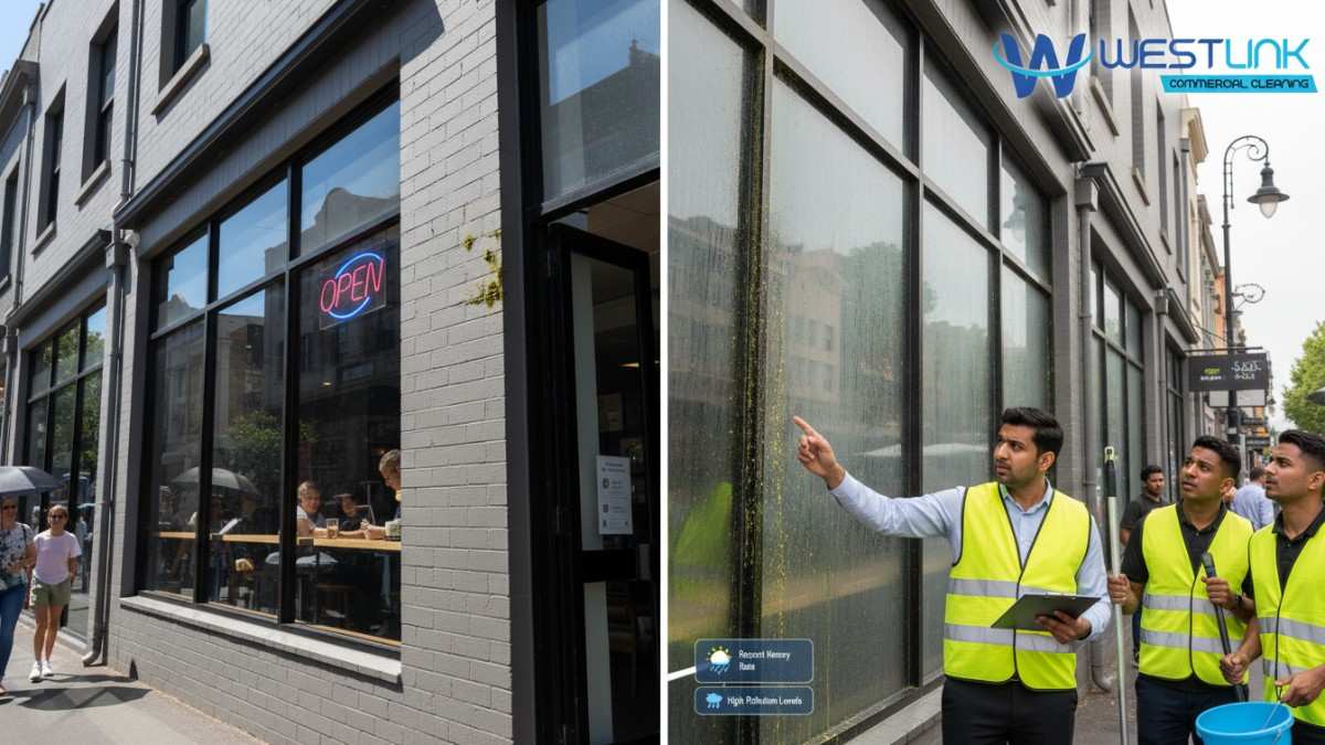 Split-image comparison of a Darlinghurst restaurant facade: freshly pressure cleaned and spotless on the left vs. streaked with rain stains, grime, and mold on the right after two weeks of Sydney weather exposure.