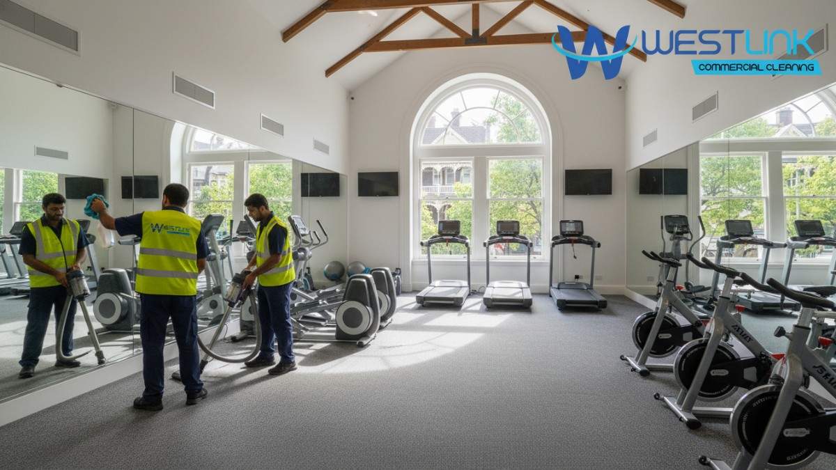 Cleaners tending to mirrors and floors in a Paddington gym