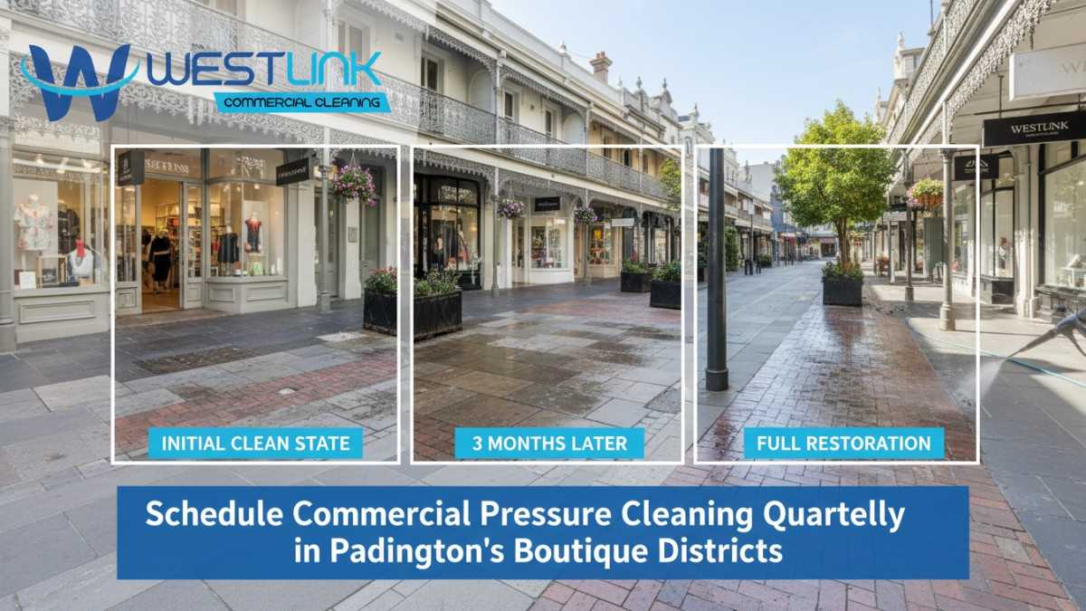 Timeline visualization of pressure cleaning needs for Paddington's commercial boutiques, showing progression of dirt and cleaning benefits.