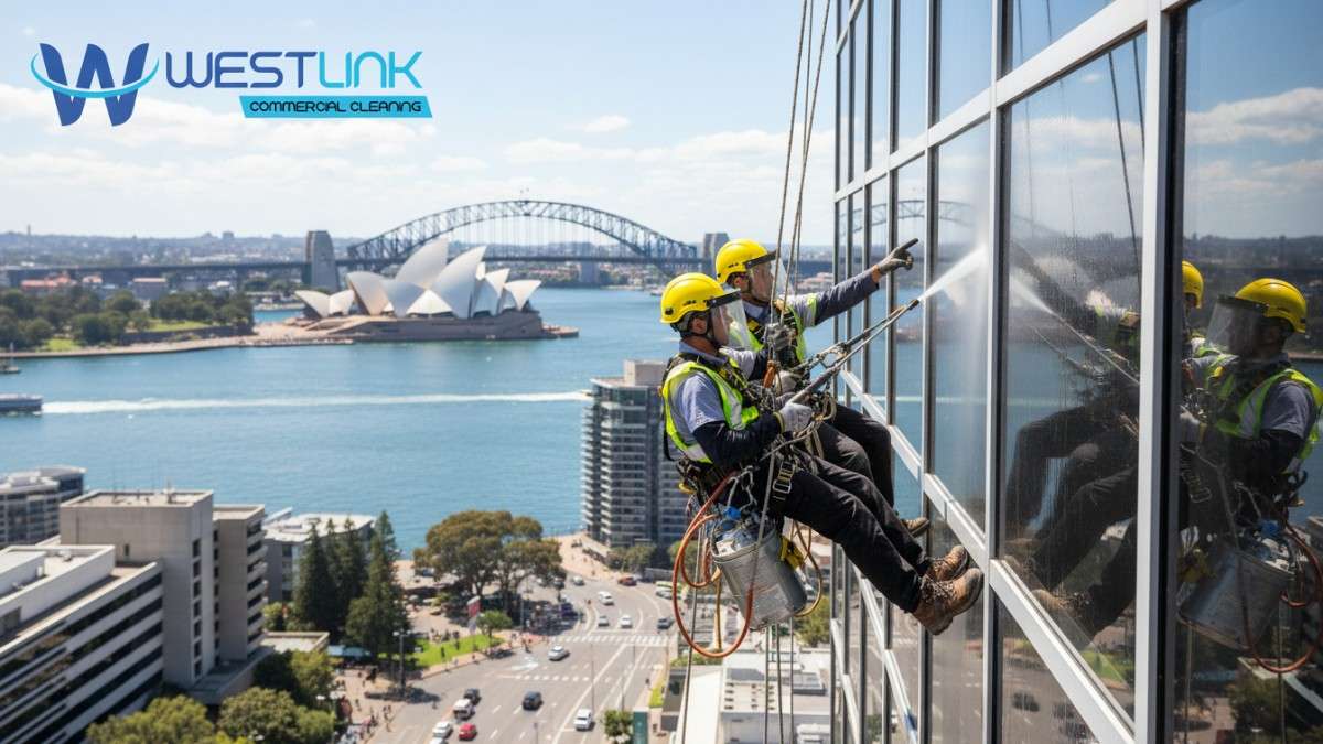Image of skilled technicians performing commercial pressure cleaning on a high-rise building in Sydney's central business district, emphasizing safety and expertise.