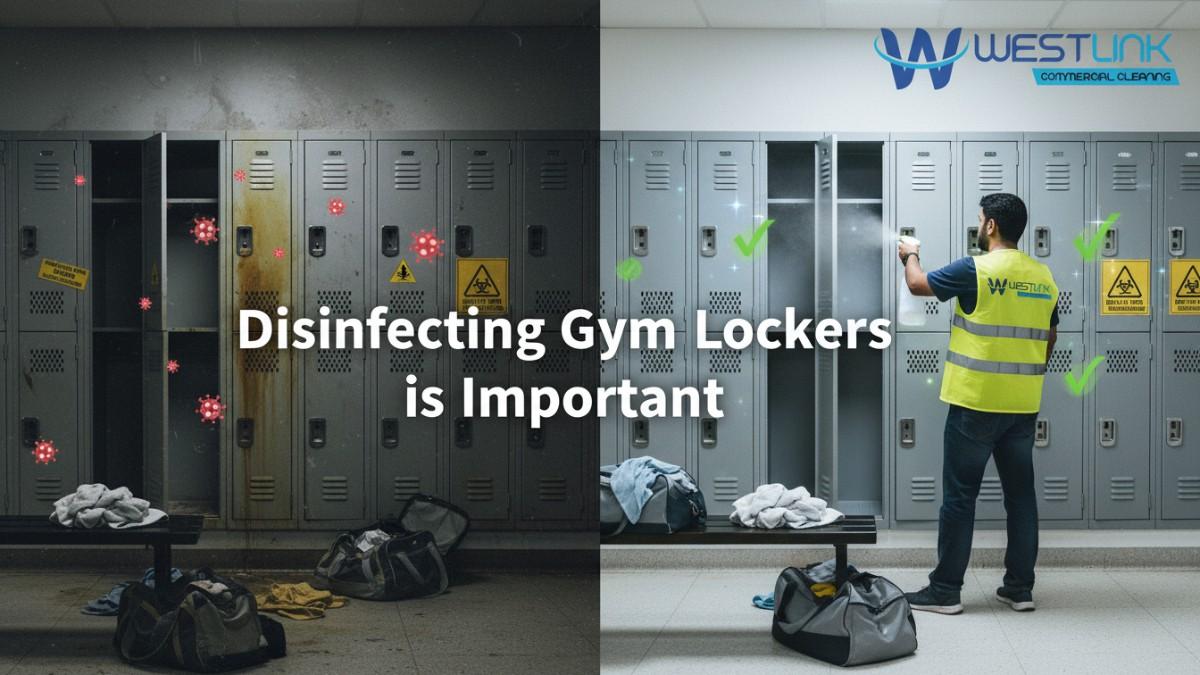 Split-image showing dirty vs clean gym lockers to highlight the importance of regular disinfection for health and hygiene