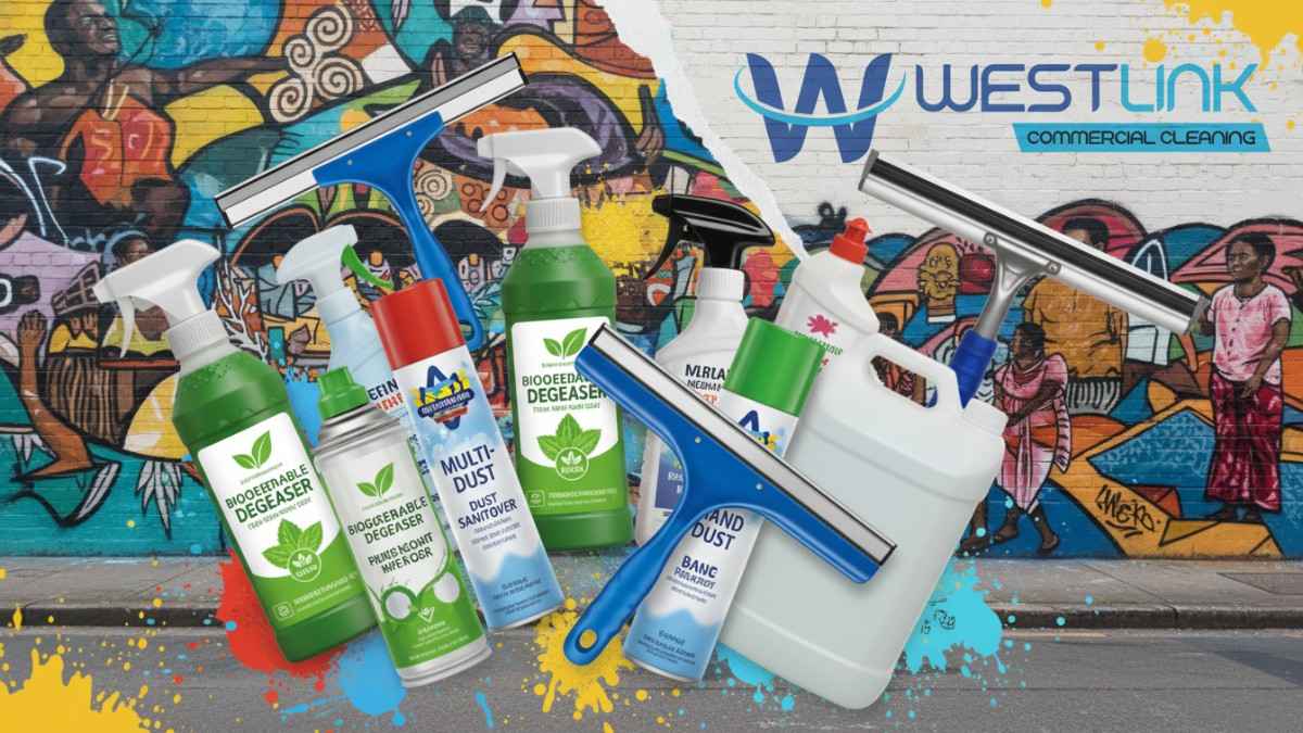 Collage of best commercial cleaning products in a Redfern street art theme.