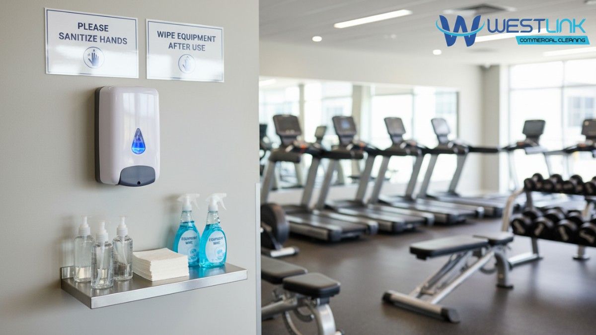 Hygiene station with hand sanitizer, wipes, and signs in a Sydney commercial gym, encouraging members to maintain cleanliness.