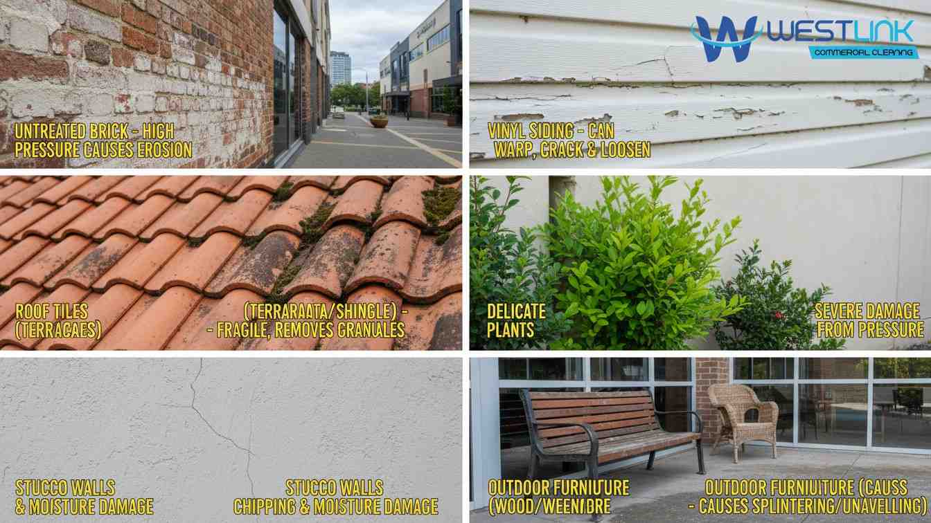 Realistic photo-based infographic of surfaces to steer clear of during pressure cleaning in Parramatta, Sydney, such as untreated brick and vinyl siding by westlink commercial cleaner.
