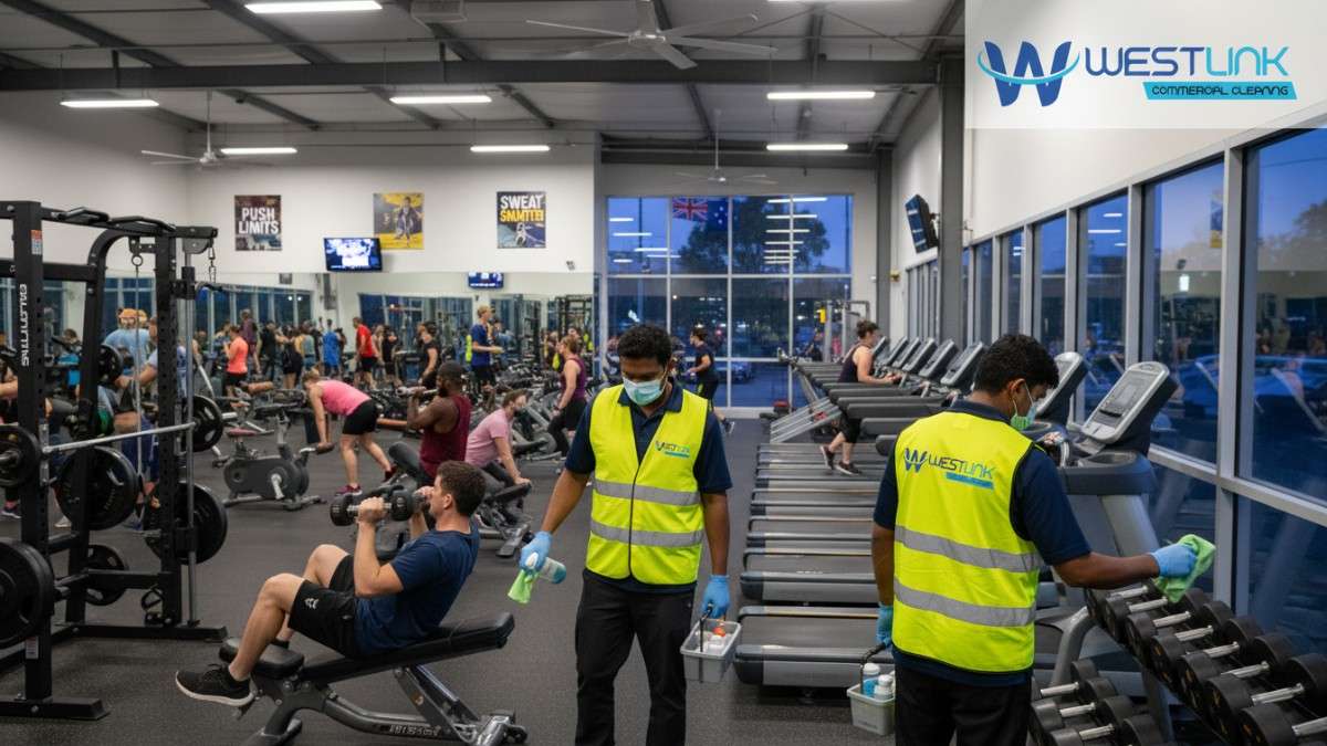 Busy commercial gym in Inner West Sydney NSW during peak hours with members exercising and professional cleaners discreetly sanitizing equipment in the background.