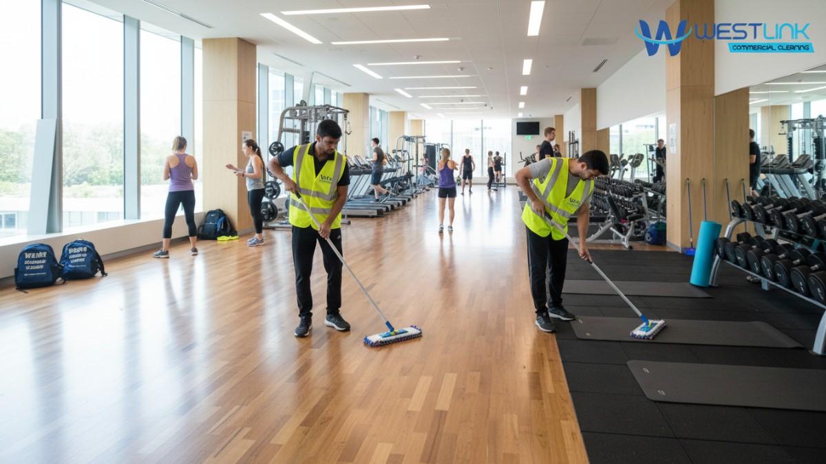 Cleaning crew at work in an Ultimo gym, focusing on floors and mats.