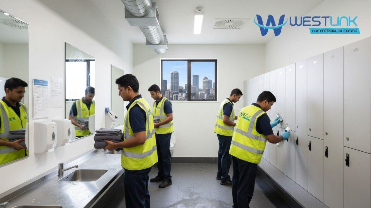 Illustration of cleaners sanitizing sinks, mirrors, and facilities in a commercial gym's restroom area in Chatswood, NSW.