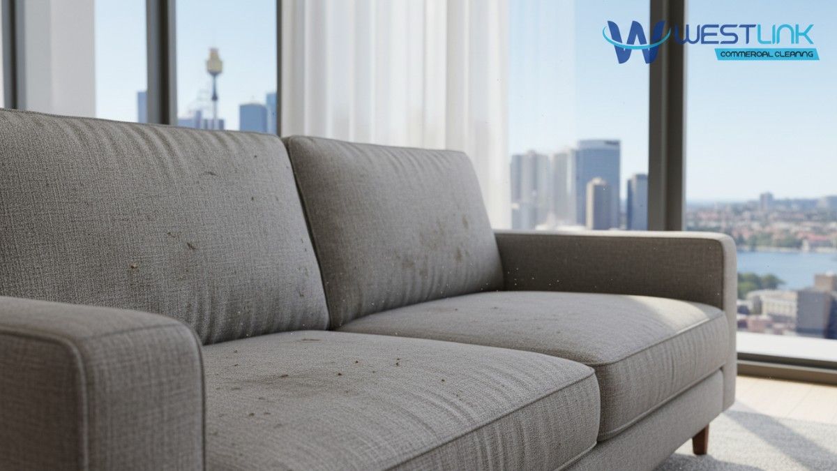 Illustration of stained and dusty upholstery in a Sydney CBD apartment, highlighting the need for regular cleaning