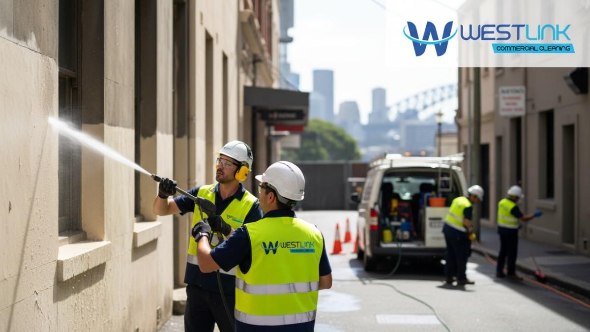 Westlink Commercial Cleaner workers in yellow vests pressure washing a building in Sydney.