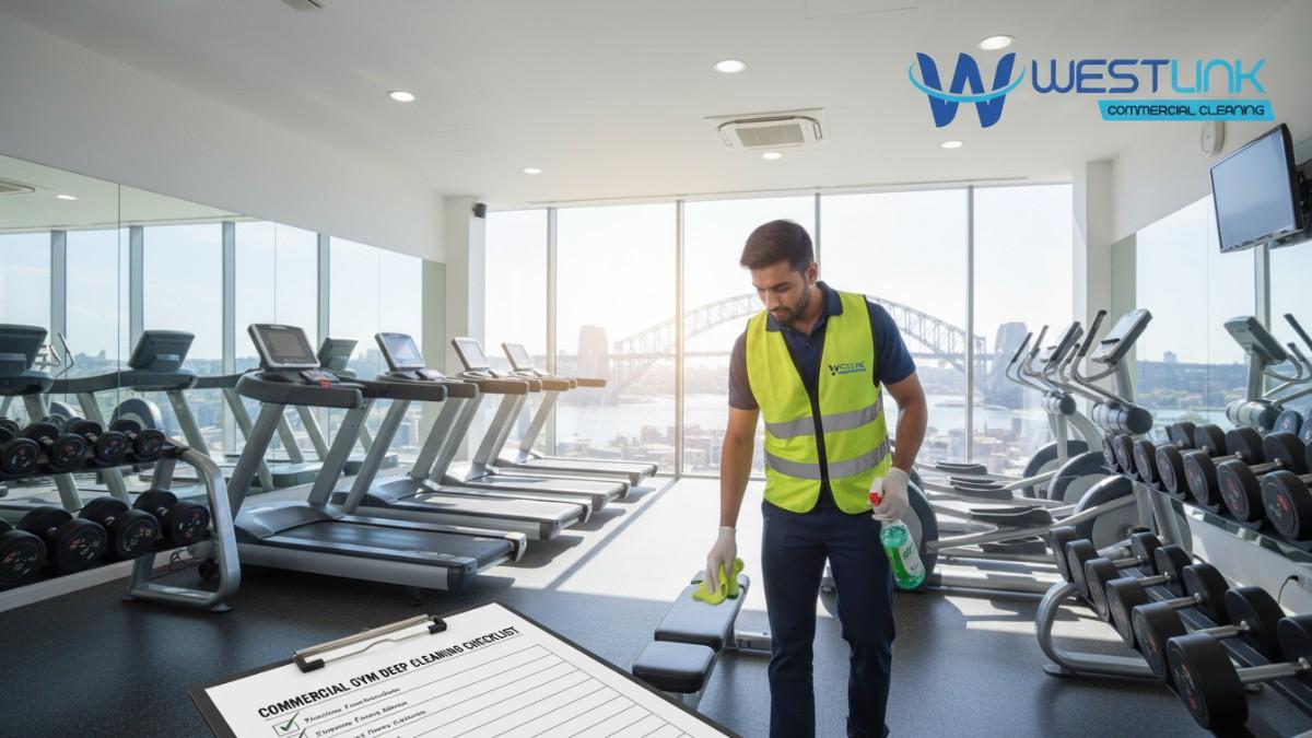 Modern commercial gym in Sydney with clean equipment and Sydney Harbour Bridge in background, professional cleaner at work.