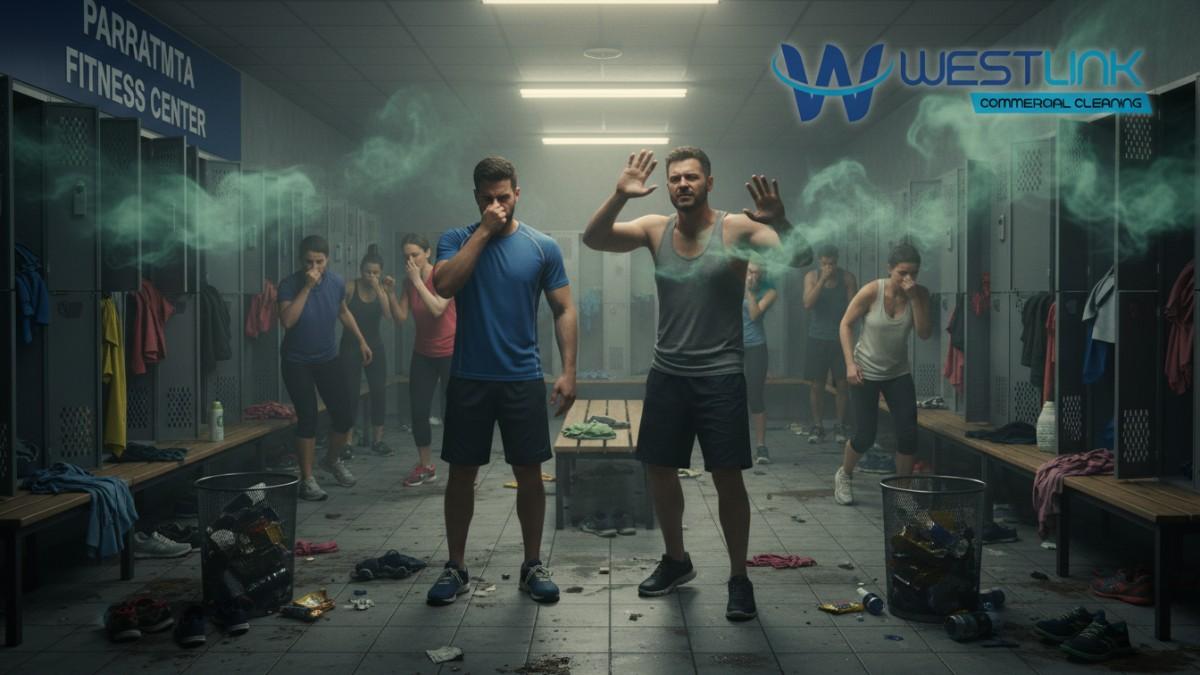 Digital illustration of a Parramatta gym locker room with green fumes representing bad smells from lockers and shoes, people holding noses, in Sydney, NSW.