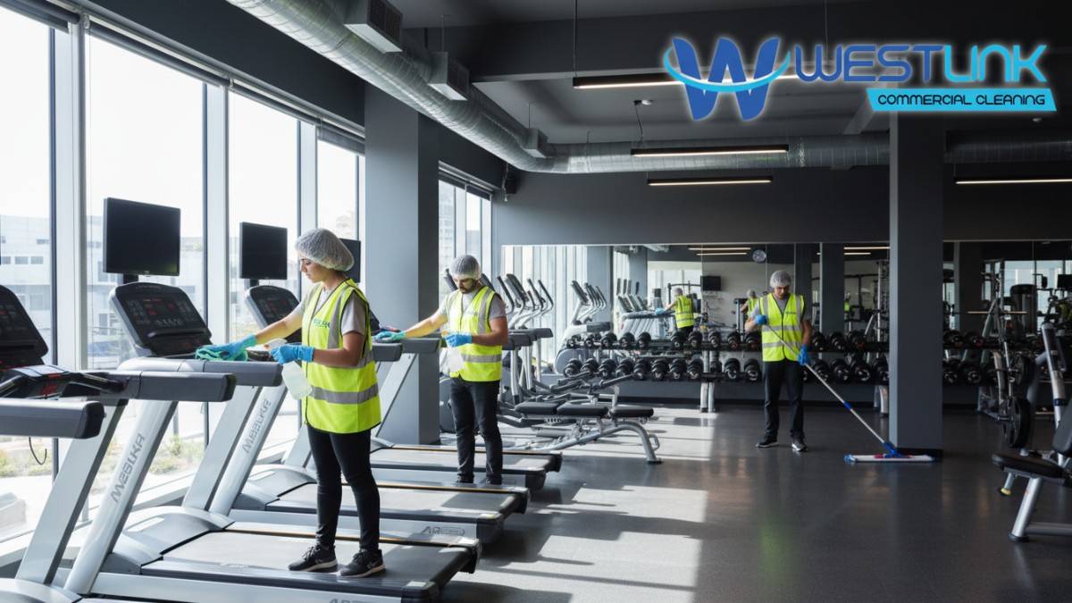 Professional cleaning team in uniforms disinfecting treadmills, weights, and gym floors in a modern fitness center.