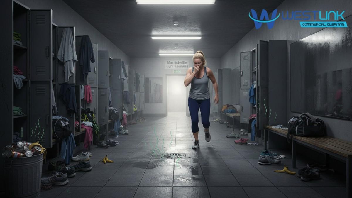 Candid phone photo of a Marrickville gym locker room in Sydney's Inner West, showing sweaty clothes in lockers, smelly sneakers with green vapor trails, overflowing bin, and a woman waving away bad smells.