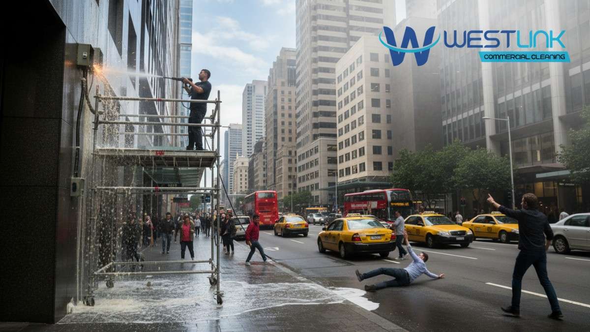 Person pressure washing a building in Sydney CBD, causing electrical hazards and slippery surfaces.