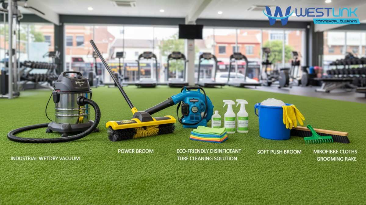 Collection of professional turf cleaning tools including vacuum, power broom, disinfectant sprays, and grooming brush arranged on artificial turf in an Inner West Sydney commercial gym setting.