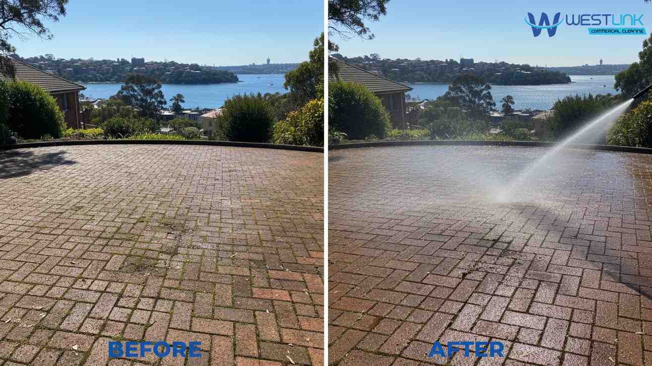 Before and after pressure cleaning a heavily moss-covered brick driveway in Mosman, Sydney, showing dramatic transformation to clean red bricks.
