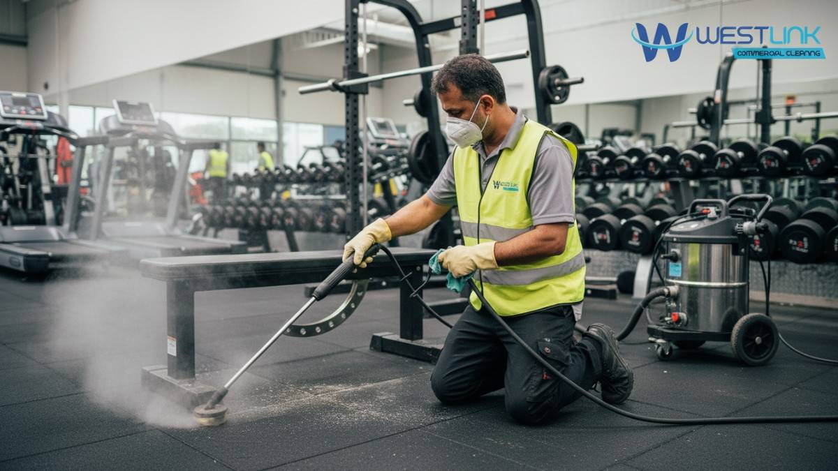 Realistic photo of a professional cleaner using steam equipment on a weight bench and gym floor in a Silverwater, Sydney commercial gym, with visible steam vapor, cleaning gear.