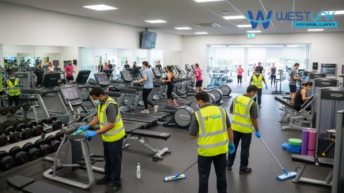 Crowded commercial gym in Silverwater NSW Australia at peak hours with members working out on machines and weights, while uniformed cleaners discreetly wipe and sanitize equipment.