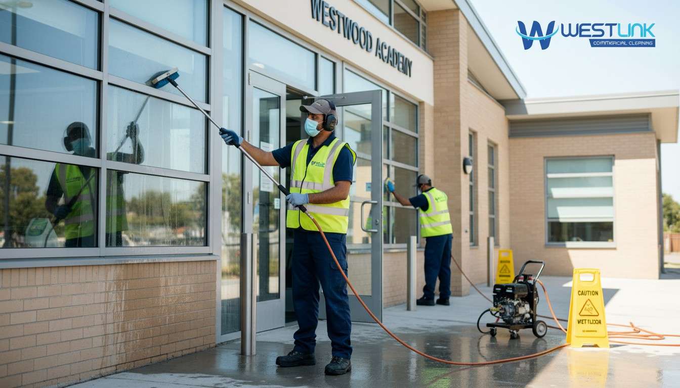 Professional pressure washing team at work cleaning a school entrance walkway and brick facade with high-pressure water spray, mist flying, workers in safety gear, caution signs visible.