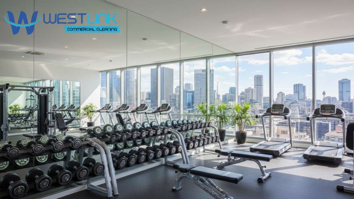 Pristine, reflective gym mirrors in a bustling Sydney CBD commercial fitness center, showcasing cleanliness and urban views.