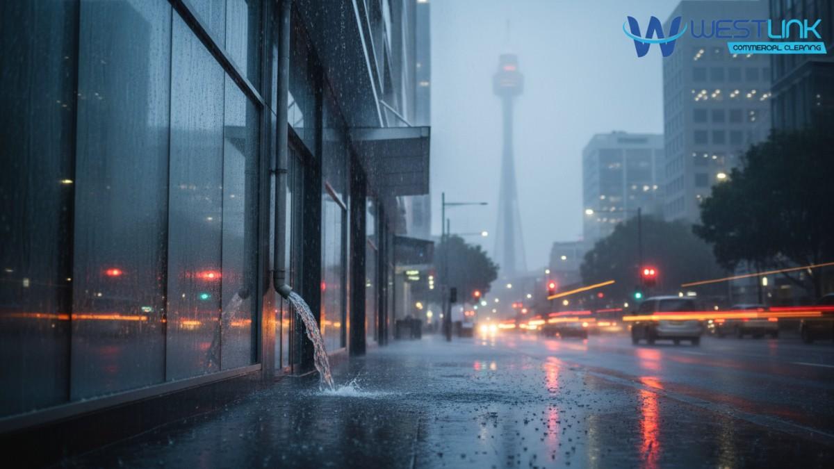 Professional cleaners in rain gear pressure washing a high-rise in Sydney CBD during intense rain, with water flooding surfaces and visibility reduced. 