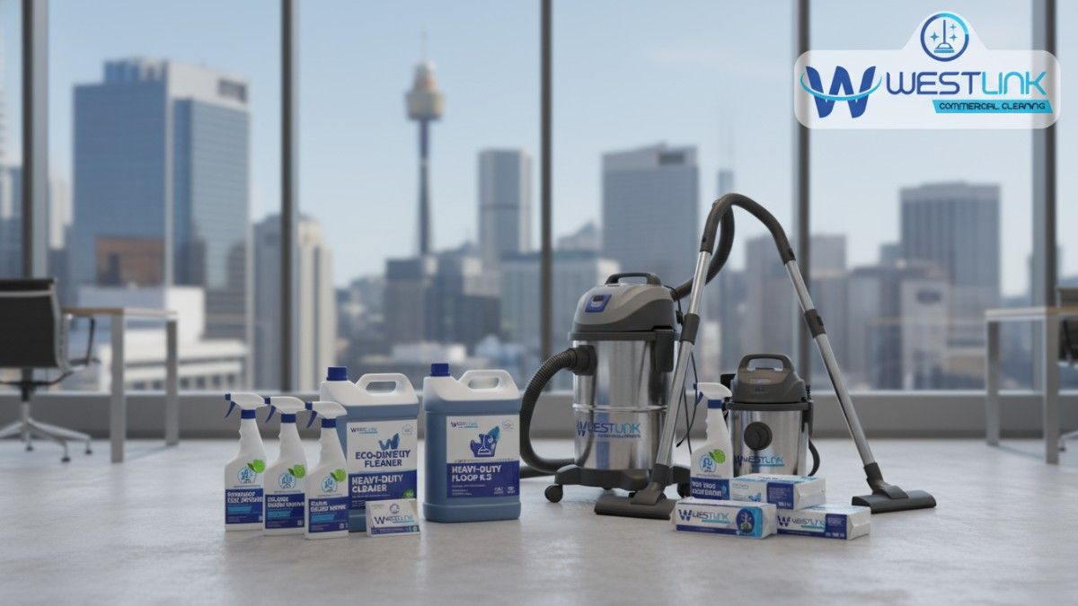 Infographic of best commercial cleaning products displayed in a Sydney CBD office scene.