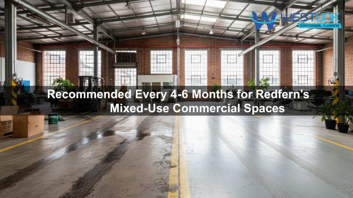 Comparative image of Redfern warehouse offices before and after pressure cleaning, illustrating maintenance frequency for industrial-commercial sites.