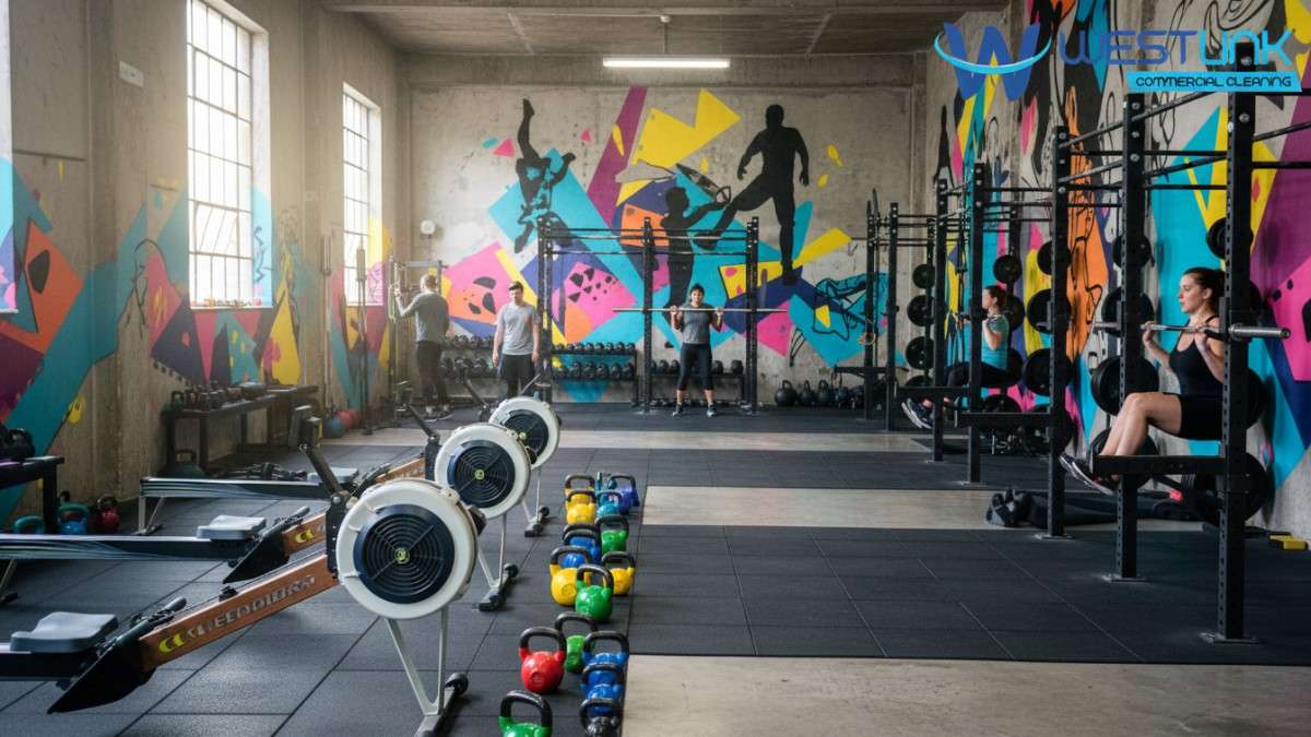 Dynamic commercial gym equipment including rowing machines and racks in a colorful, artistic gym environment from Redfern.