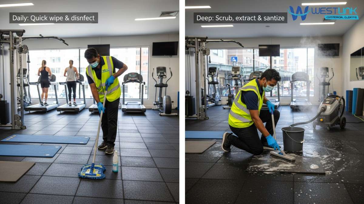 Side-by-side realistic image contrasting daily cleaning (mopping and spraying rubber gym mats and yoga mats) versus deep cleaning (scrubbing and extracting on stacked foam yoga mats and tiles) in a modern commercial gym located in the Inner West of Sydney, NSW, Australia.