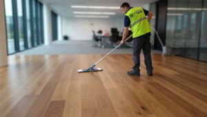 Detailed cleaning of wide plank commercial flooring to reduce visible wear and scratches