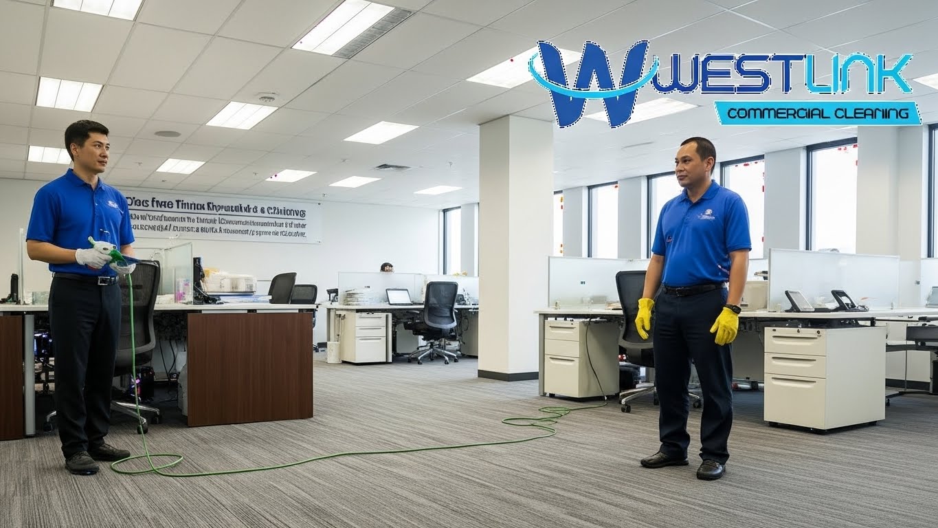 Professional commercial carpet cleaning technician using industrial equipment to deep clean office carpets.