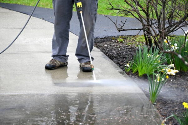 Cleaning and maintenance services for concrete sidewalks and pedestrian walkways.