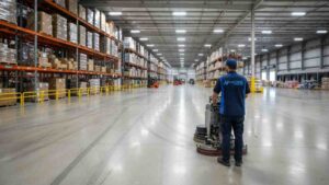 Workers maintaining a clean and organized 3PL warehouse, including sanitized storage racks, swept floors, and clear aisles to ensure safe and efficient logistics operations.