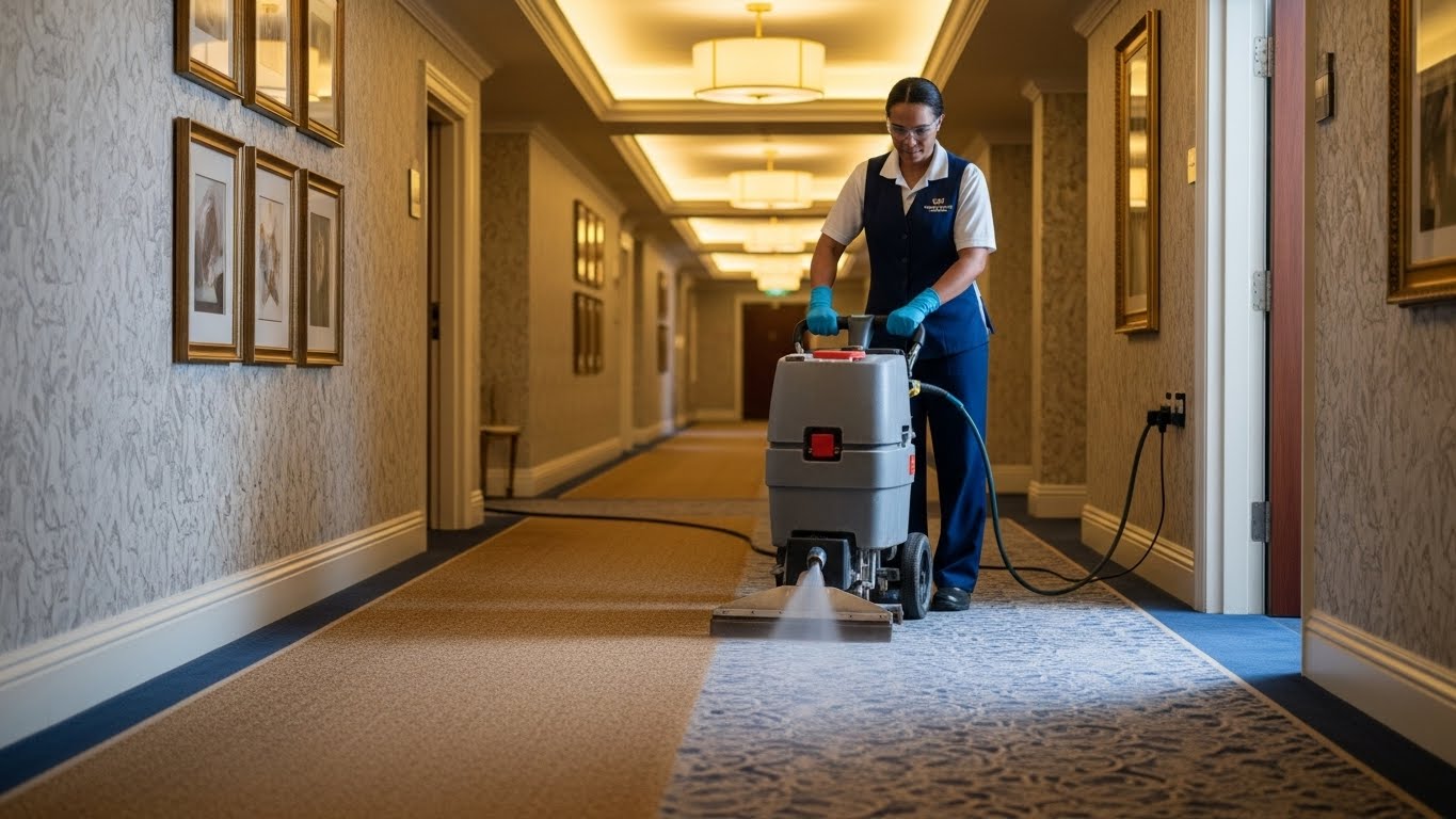 Professional hotel carpet cleaning services maintaining cleanliness and hygiene.