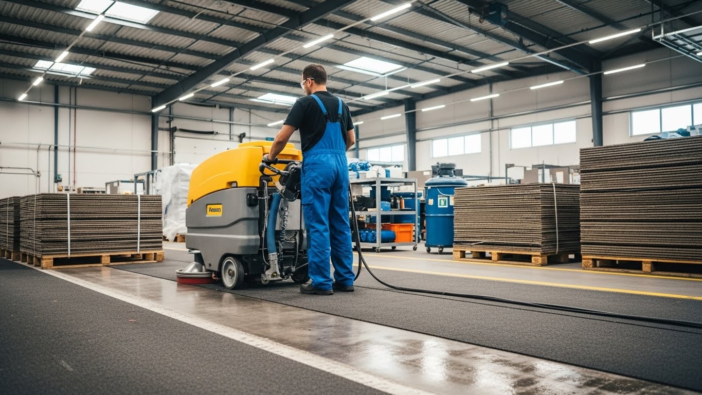Industrial carpet being professionally cleaned with specialized equipment.