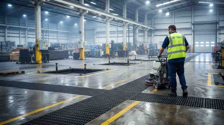 Industrial cleaning in Sydney for factories, manufacturing plants, and production facilities, including machinery areas, production floors, and loading zones, ensuring safe and compliant operations