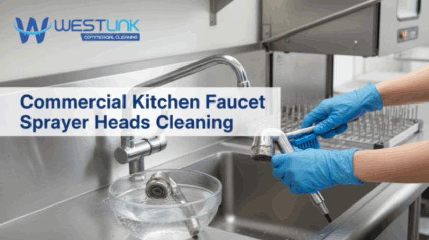 Cleaning a commercial kitchen faucet sprayer head with a brush.