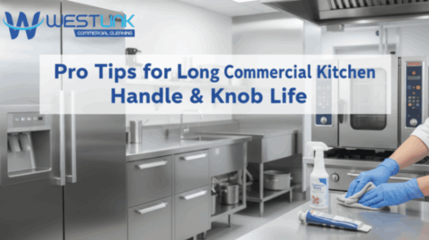 Gloved hands polishing stainless steel commercial kitchen handles and knobs to maintain durability