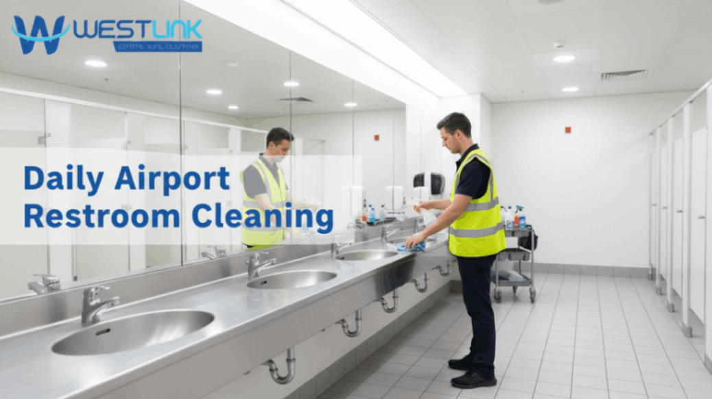 Daily cleaning of airport restroom.