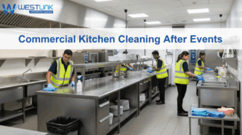 Staff cleaning a commercial kitchen after an event, wiping surfaces and organizing equipment.