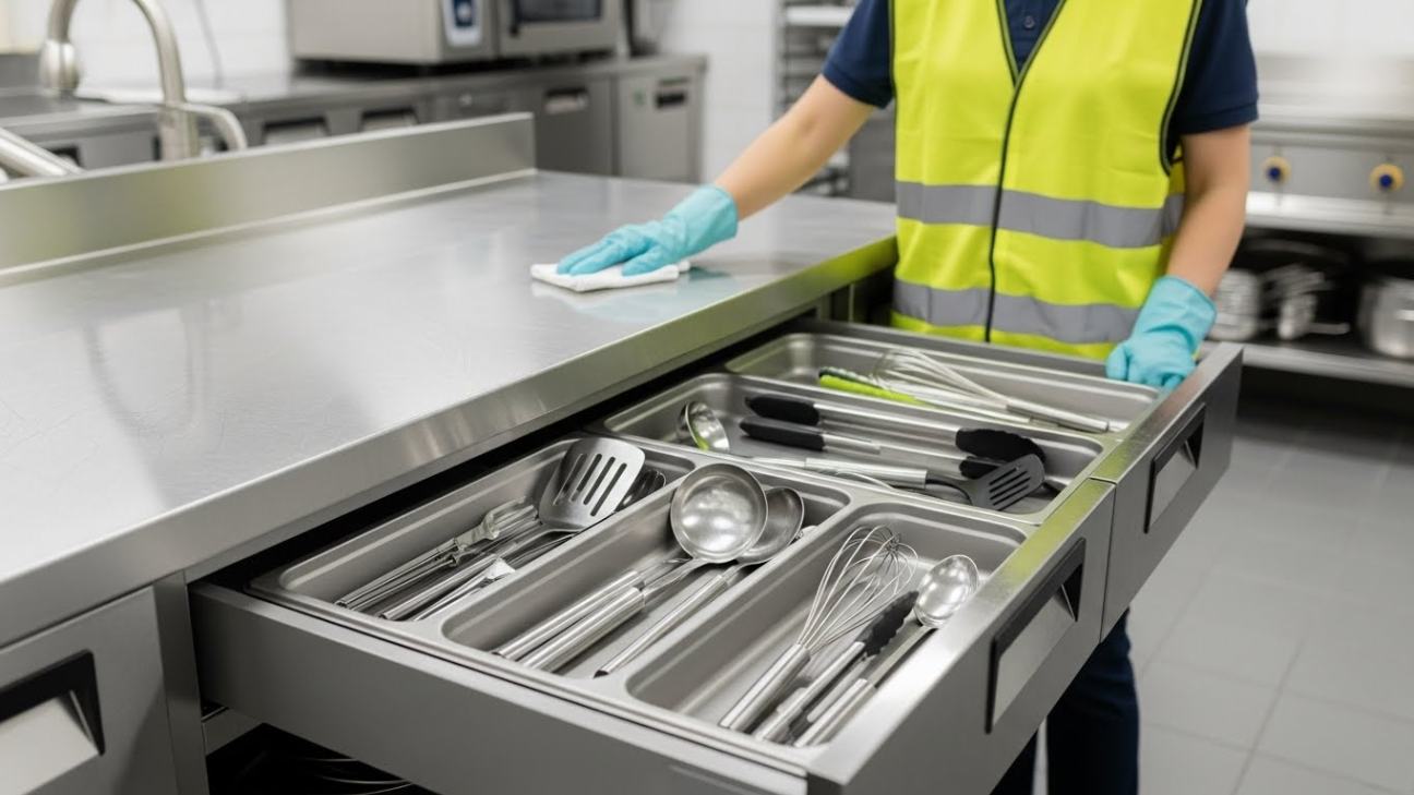 Clean commercial kitchen showing an organized utensil drawer being sanitized by a professional.