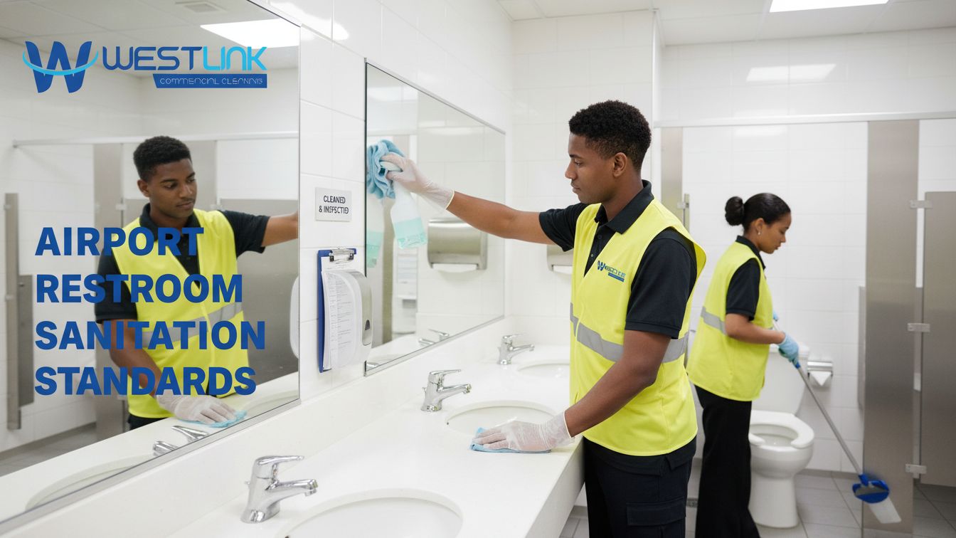Airport restroom sanitation in progress.