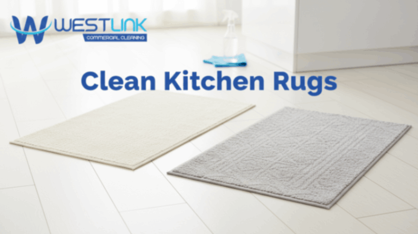Fresh, clean kitchen rugs placed neatly on a spotless kitchen floor.