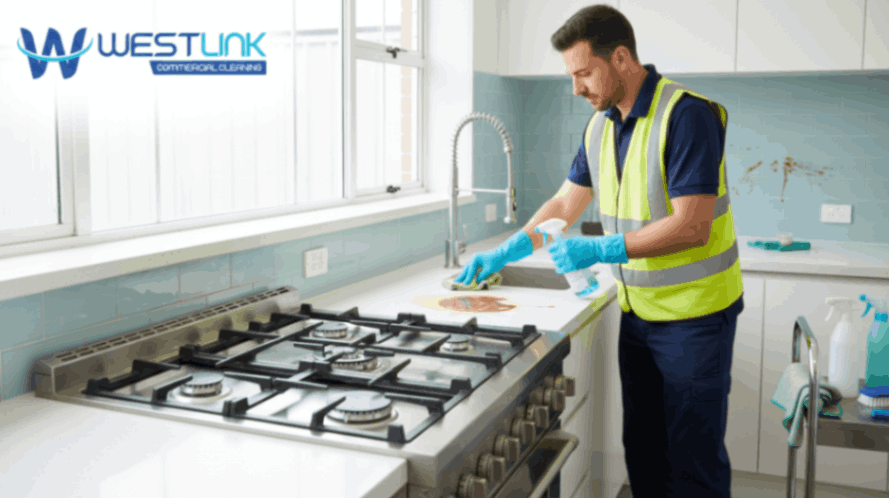 Person removing various kitchen stains using microfiber cloths, spray cleaner, and baking soda in a modern kitchen.
