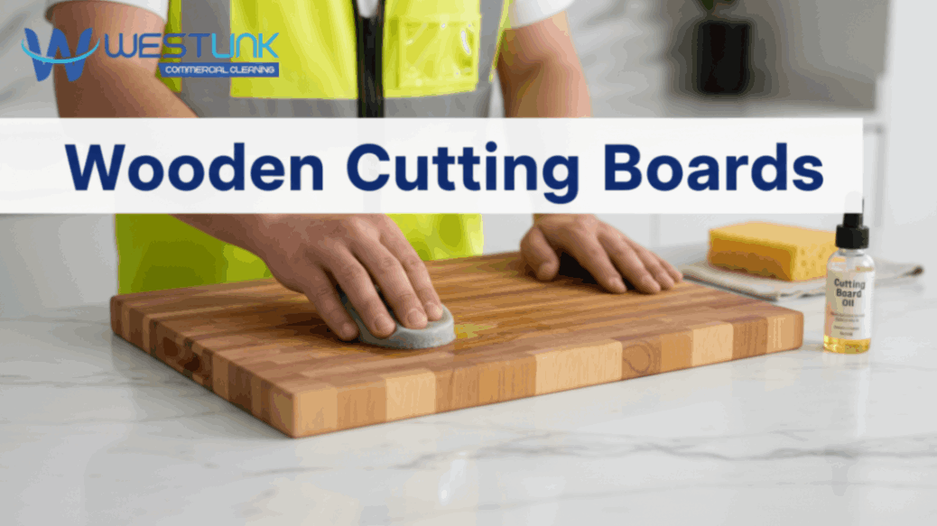 Cleaning or maintaining a wooden cutting board in a kitchen.