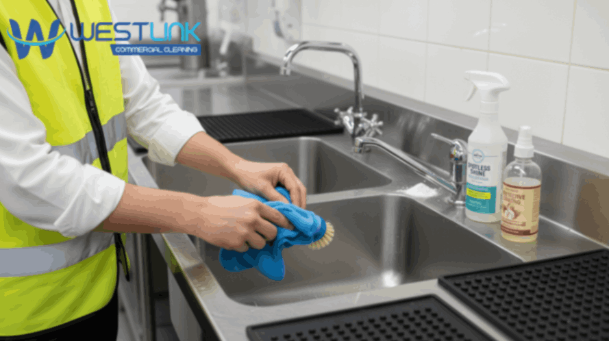 Close-up of a commercial stainless-steel kitchen sink being polished with a microfiber cloth and gentle cleaner.